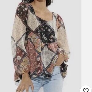 American Eagle Outfitters Patchwork Floral Blouse - tie back Square neck Small